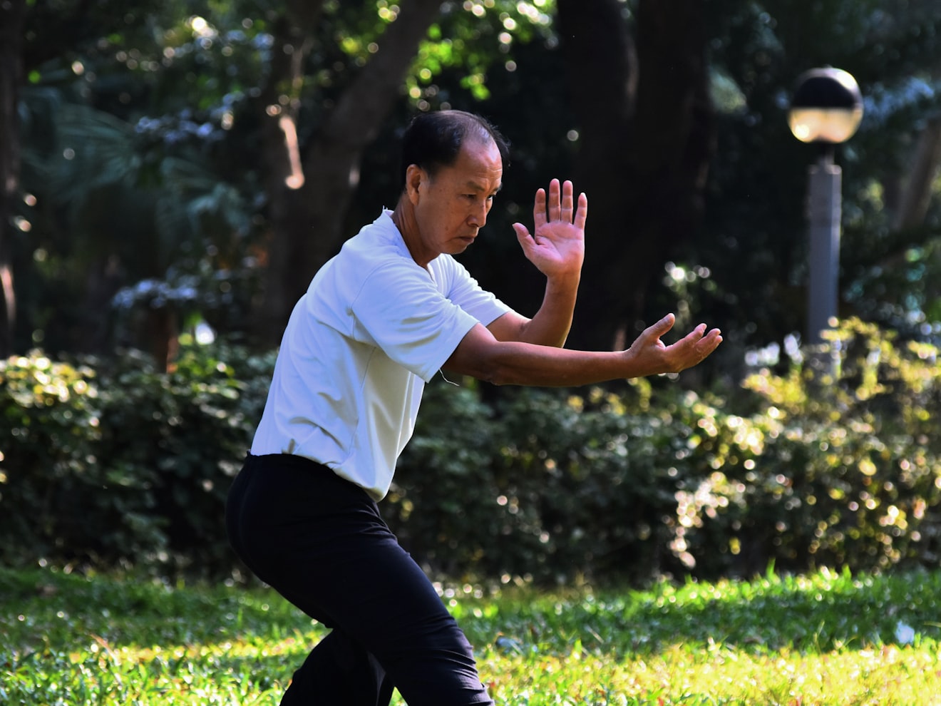 A person practising gentle Tai Chi outdoors in a park